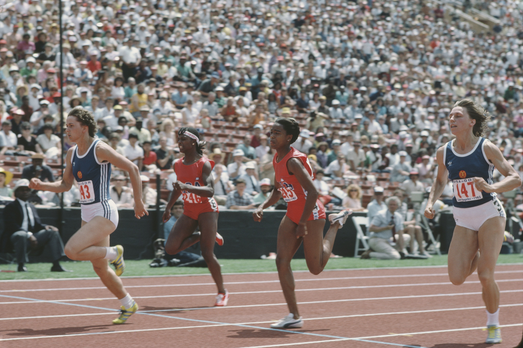 East Germany's athletes raced at the Los Angeles Coliseum in 1983 ©Getty Images