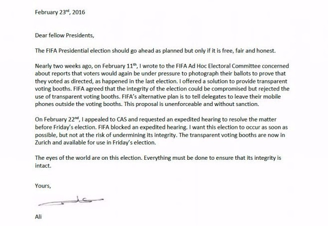 The letter sent by Prince Ali to FIFA's Member Associations explaining why he has appealed to CAS and wants the election to choose a new FIFA President on Friday postponed ©ITG