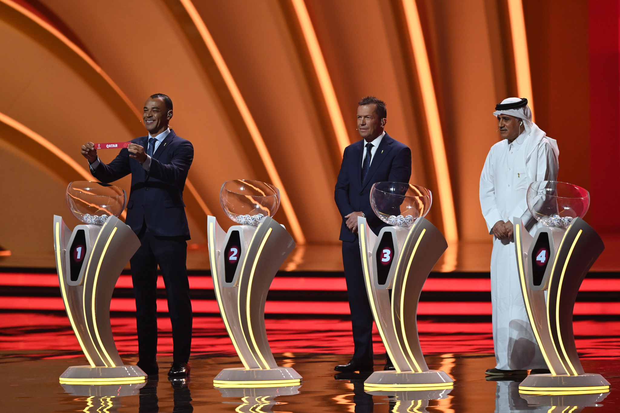 Multiple footballing legends, such as Brazil's Cafu, left, and Lothar Matthäus of Germany, helped to conduct the draw ©Getty Images
