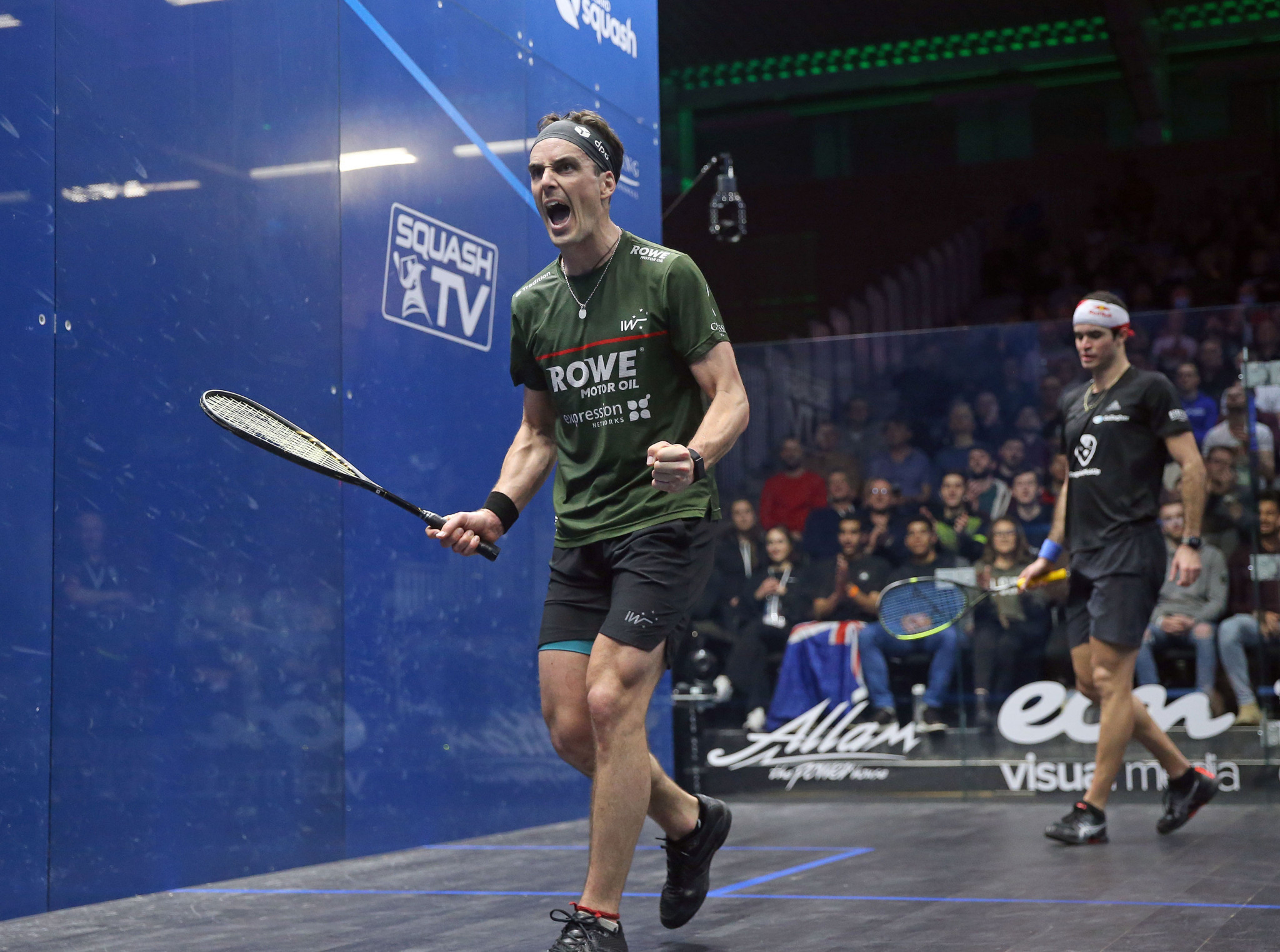 Defending champion Paul Coll celebrates after reaching the semi-finals of the PSA British Open in Hull ©PSA World Tour
