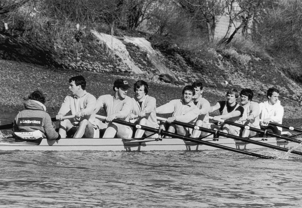 Spot actor and comedian Hugh Laurie - he's fourth from the right, training with the Cambridge crew which took part in the 1980 Boat Race ©Getty Images