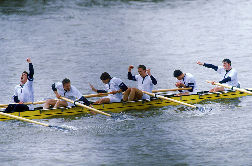 Oxford salute their unexpected victory in the 1987 Boat Race following the disruptions caused by a 