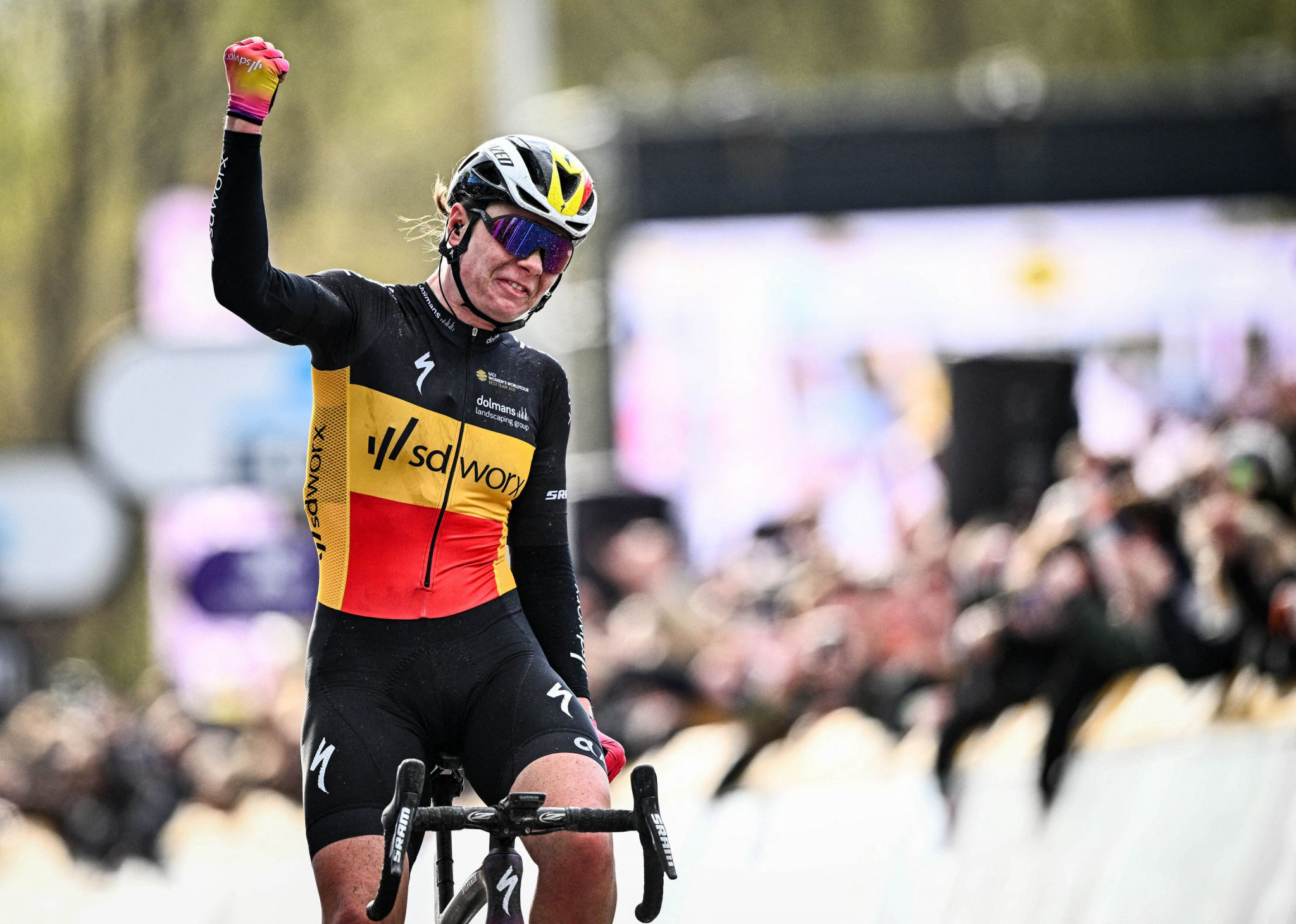 
Belgian Lotte Kopecky of SD Worx celebrates after winning the women's race at the Tour of Flanders ©Getty Images