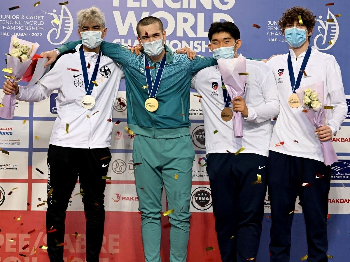 The podium for the men's cadet sabre competition at the FIE Junior and Cadet Fencing World Championships ©FIE