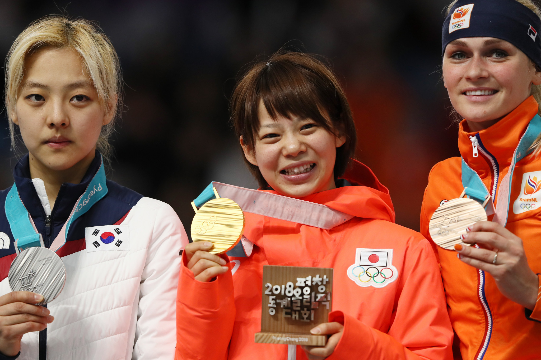 Nana Takagi, centre, won two gold medals at Pyeongchang 2018 ©Getty Images
