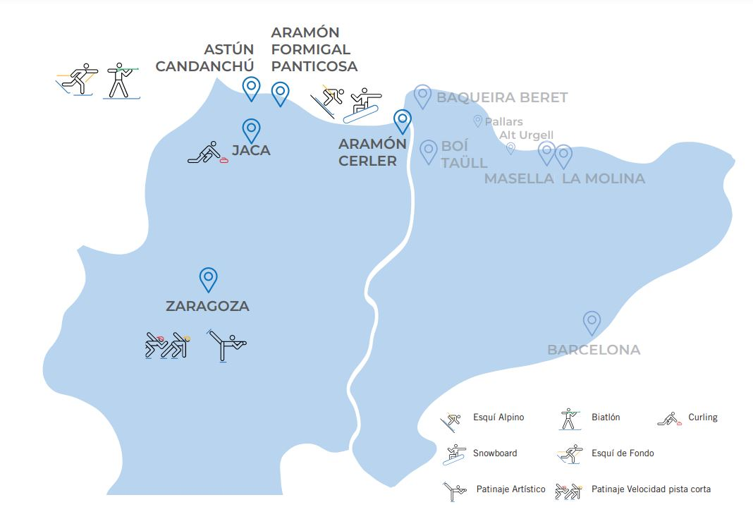 The Government of Aragon has published a map of its proposed venues, which includes the cities of Zaragoza and Jaca ©Government of Aragon