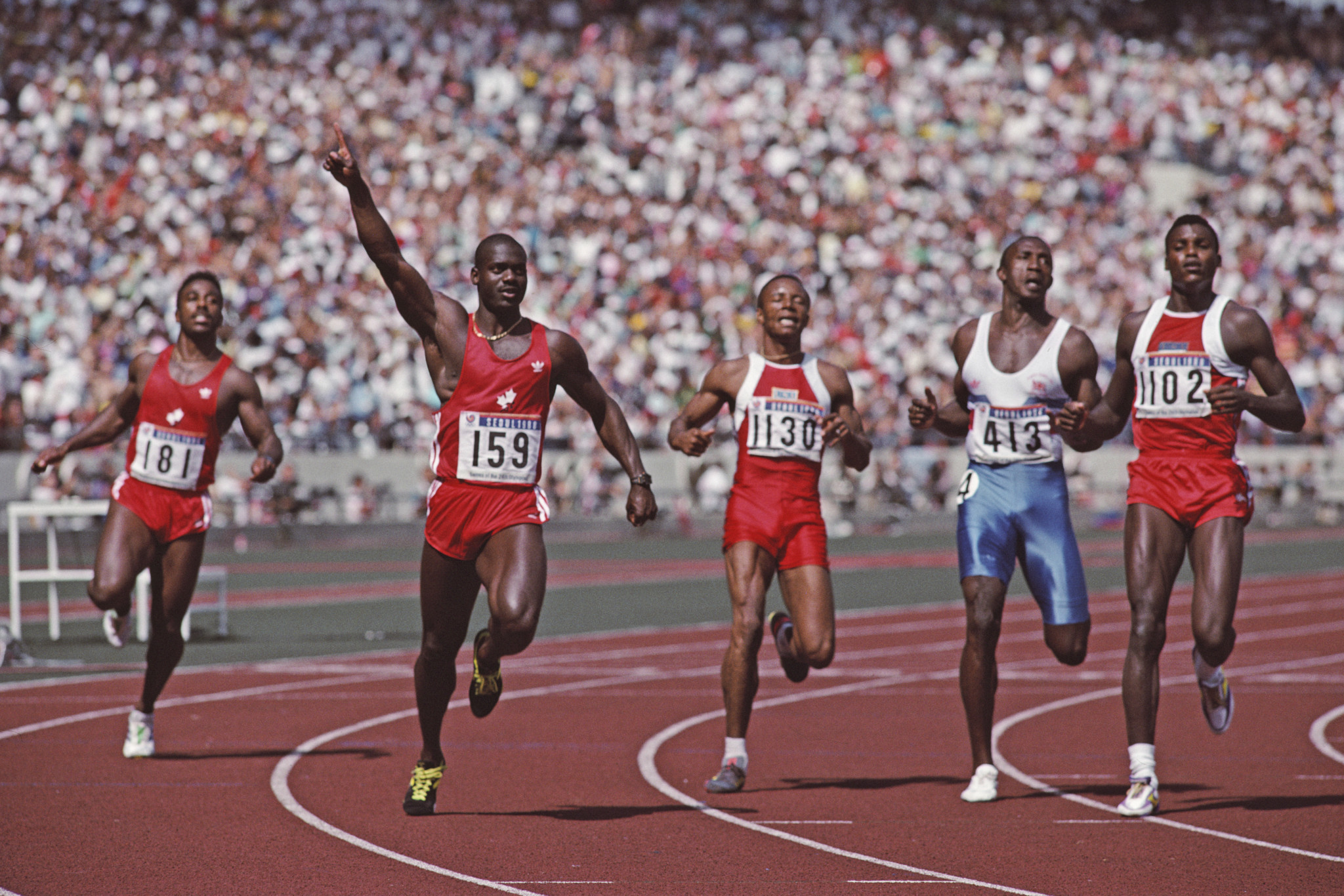Canada's Desai Williams, furthest left, placed sixth in the men's 100m final at the Seoul 1988 Olympics, a race won by compatriot Ben Johnson, second left, who was later stripped of his gold medal ©Getty Images