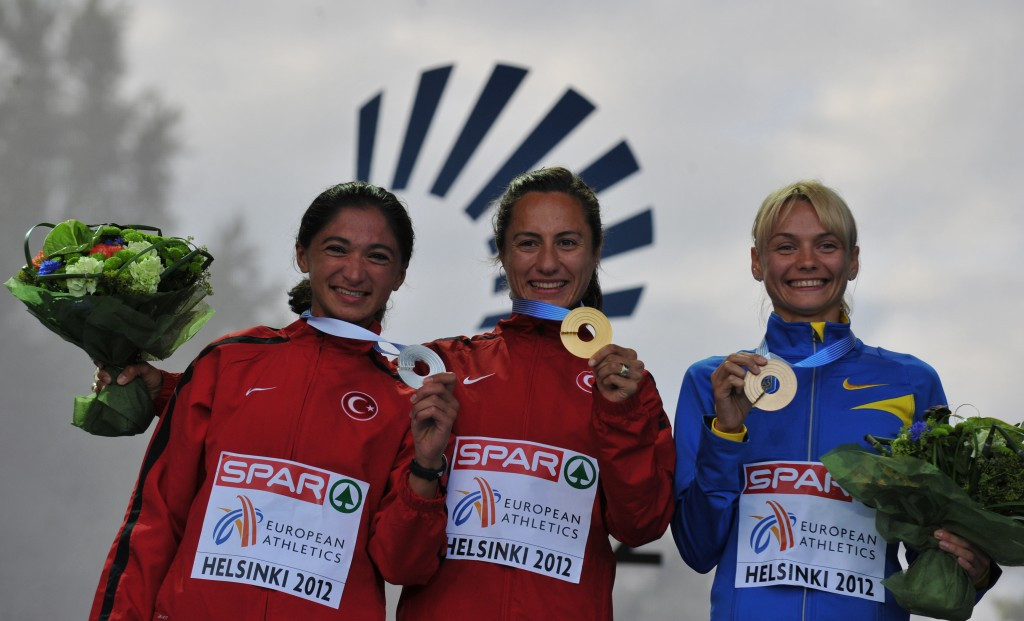 Original gold and bronze 1500 metres medallists Asli Cakir-Alptekin of Turkey (centre) and Ukraine's Anna Mishchenko have each now been stripped of their 2012 European Championship medals ©AFP/Getty Images
