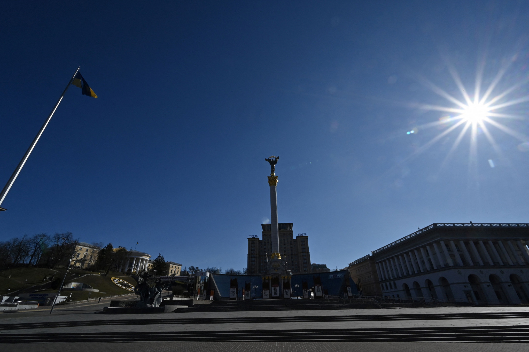 Ukrainian soldiers play teqball on Kyiv's Independence Square