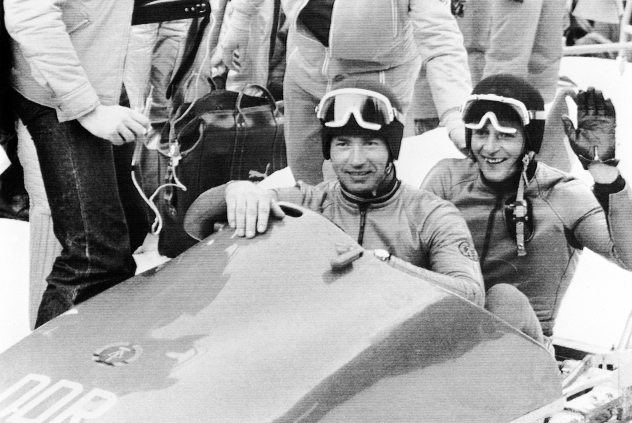Bernhard Germeshausen, right, won two-man bobsleigh gold for East Germany at the Innsbruck 1976 Winter Olympics with pilot Meinhard Nehmer, left ©Getty Images