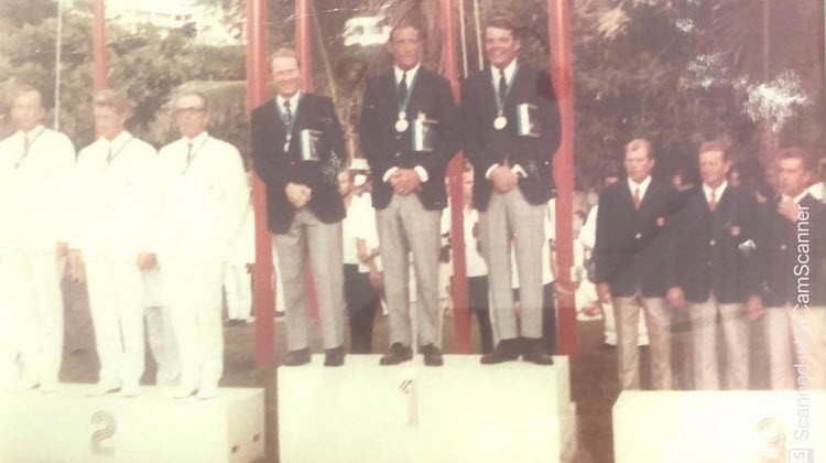 The only photograph that exists of the Olympic medal ceremony where Gerald Click Schreck, George Friedrichs and Barton Jahncke received their golds at Mexico City 1968 is a grainy shot taken by Jahncke's father ©Barton Jahncke