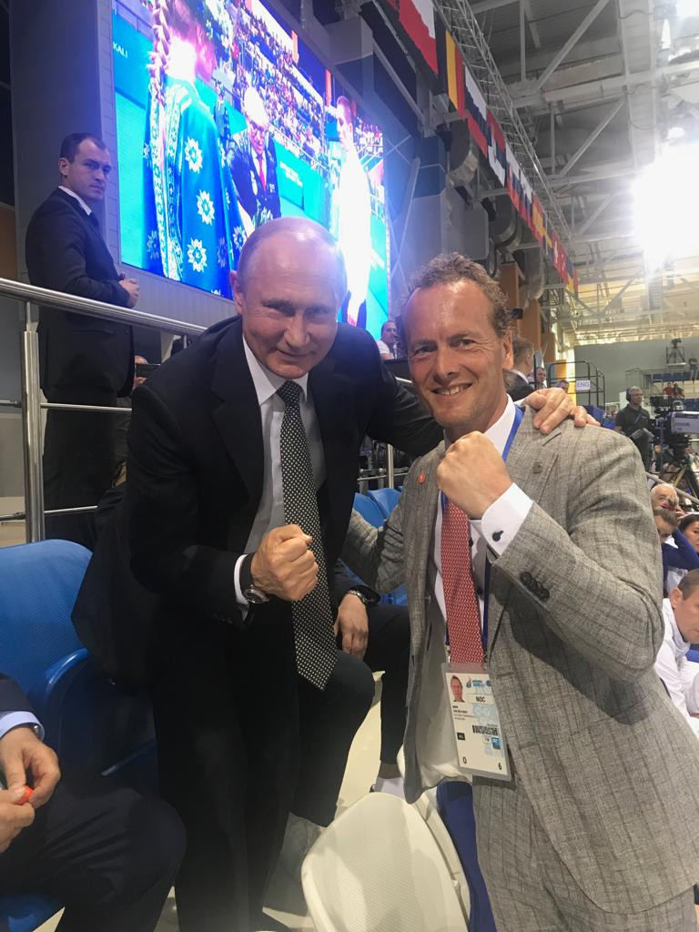 Boris van der Vorst, right, was pictured with Russian President Vladimir Putin, left, at the 2019 EUBC Elite Men European Championships in Minsk ©EUBC