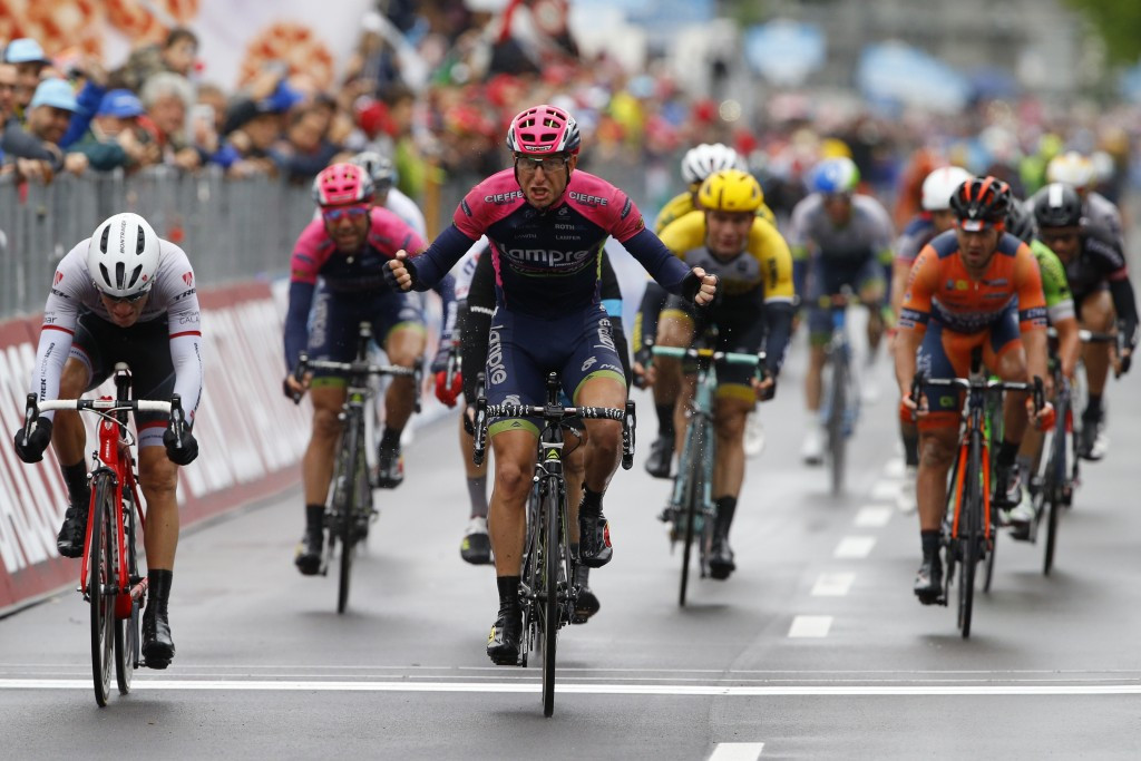 Sacha Modolo sprinted to victory to give his Lampre-Merida team their third stage victory of this year's Giro