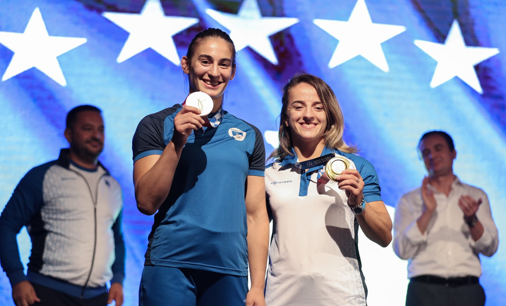 Distria Krasniqi and Nora Gjakova both won judo gold for Kosovo at the Tokyo 2020 Olympics ©KOC