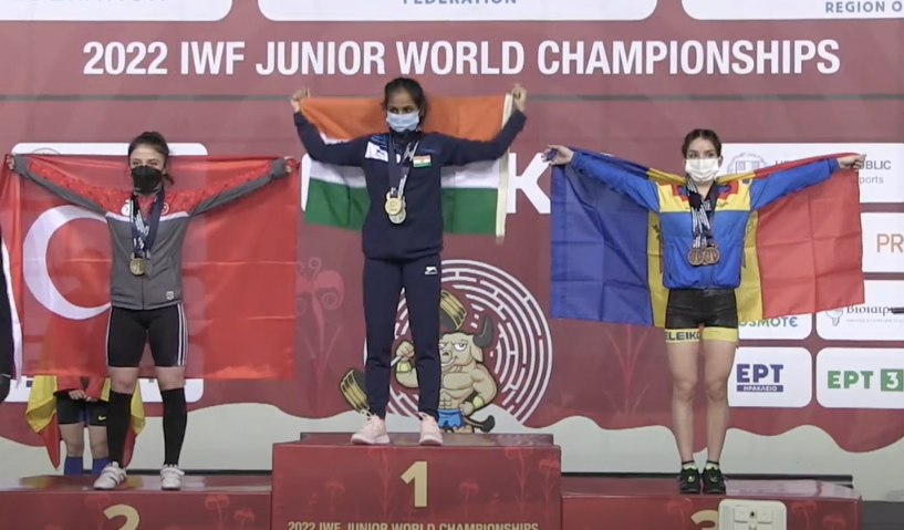 The podium for the women's 45 kilograms category at the IWF Junior World Championships in Crete ©ITG