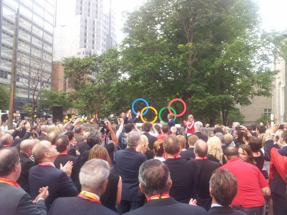Crowds flocked to the unveiling of the Olympic Rings at Canada Olympic House during an event last summer ©COC