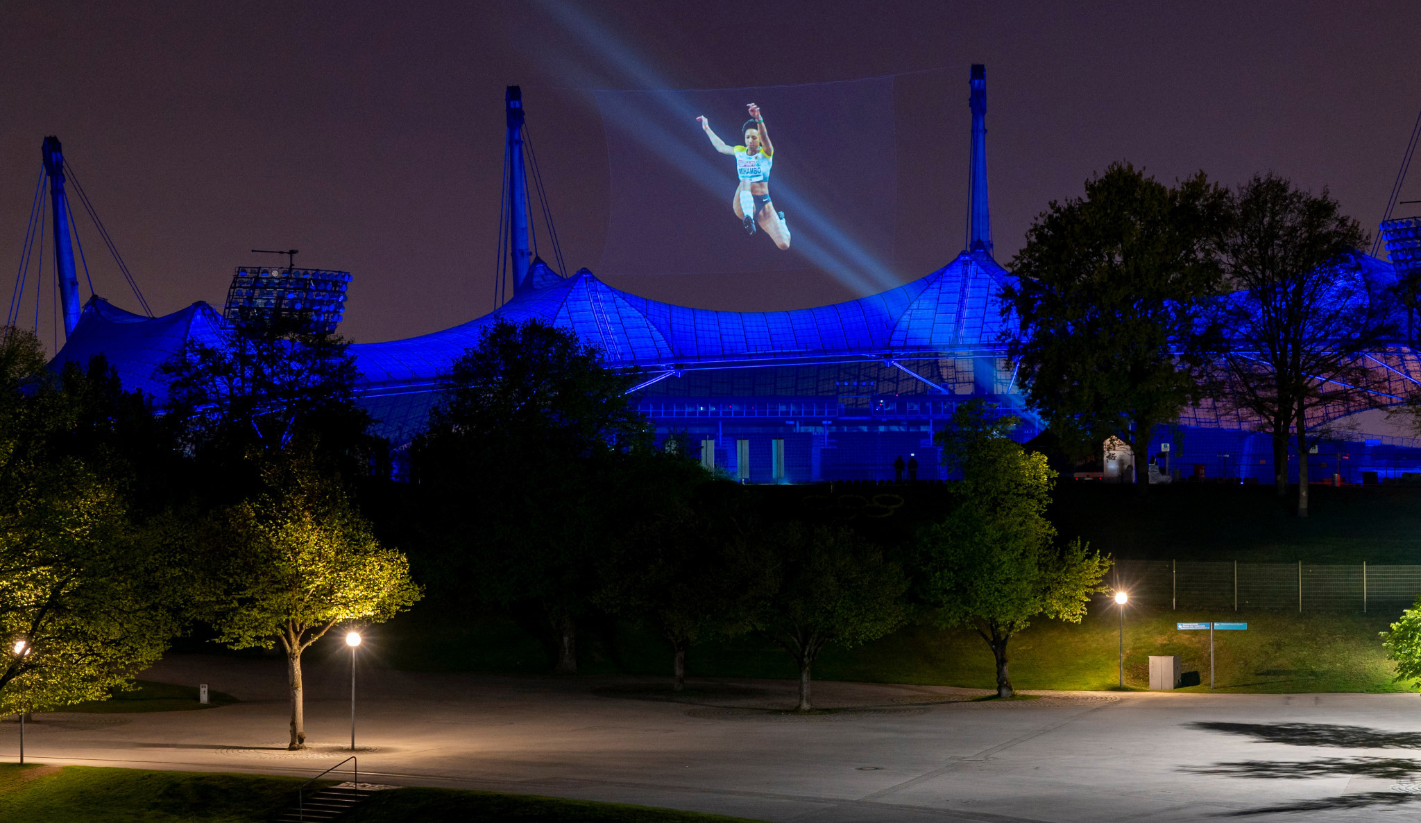 Germany's women's long jump Olympic champion Malaika Mihambo was among the athletes projected above the Olympiastadion ©Marc Mueller/Munich 2022