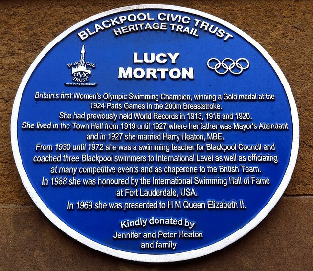 A blue plaque at the entrance of Blackpool Town Hall marks the achievement of Lucy Morton, the first British female swimmer to win an Olympic gold medal in an individual event, the 200m breaststroke at Paris 1924 ©ITG