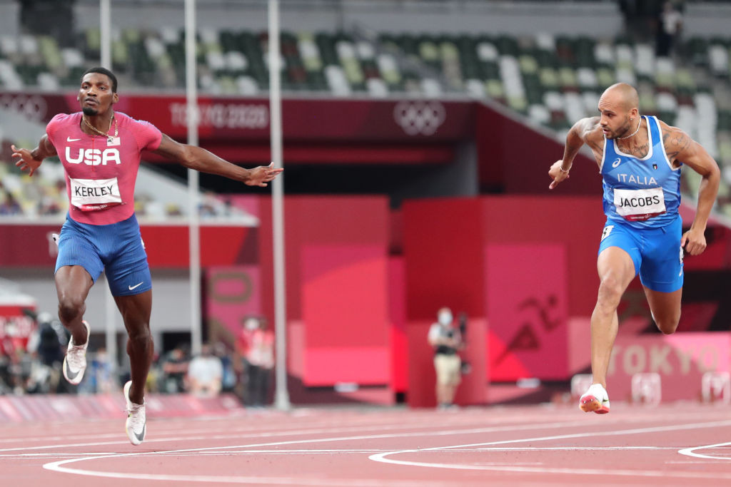 Marcell Jacobs, right, beat Fred Kerley to the Olympic 100m title - and the two will meet again in the rarified air of Nairobi tomorrow ©Getty Images