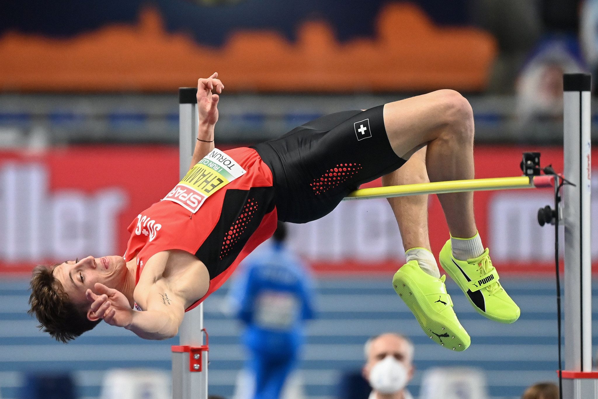 Switzerland's Simon Ehammer leads at the halfway stage of the decathlon at the Gold event on the World Athletics Combined Events Tour ©Getty Images