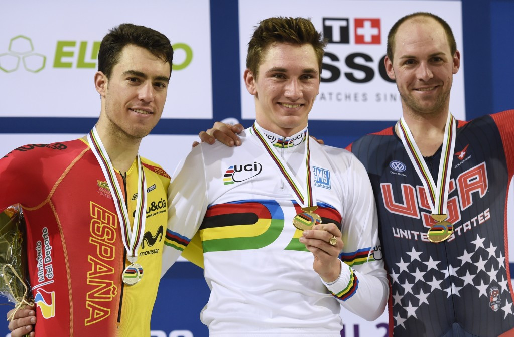 Robert Lea (right) won bronze in the scratch race at the 2015 World Track Cycling Championships, but will miss this year's event