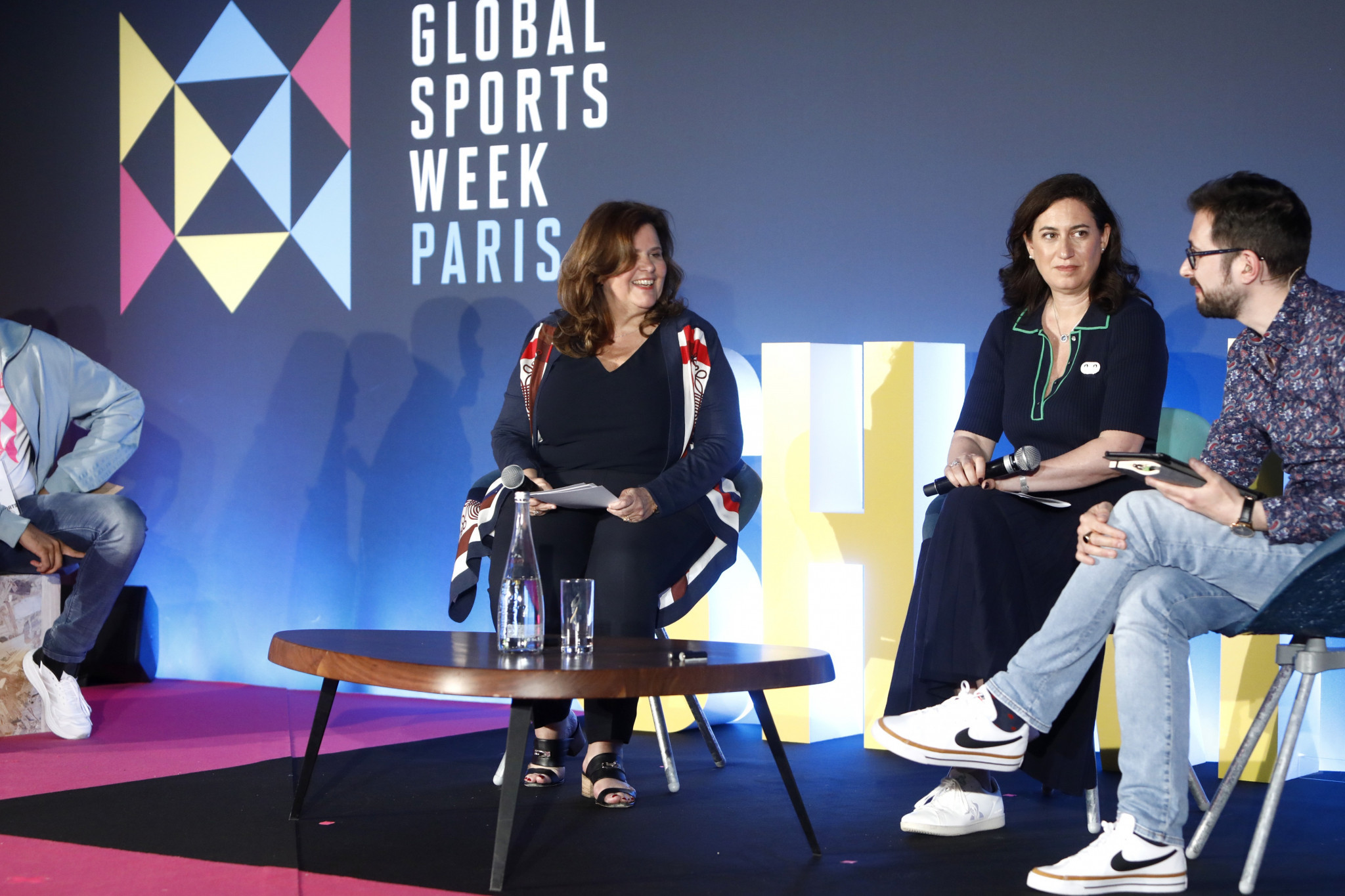 Nathalie Bellon-Szabo, left, chief executive of Sodexo Live, and Georgina Grenon, sustainability director for Paris 2024, spoke at Global Sports Week ©Getty Images