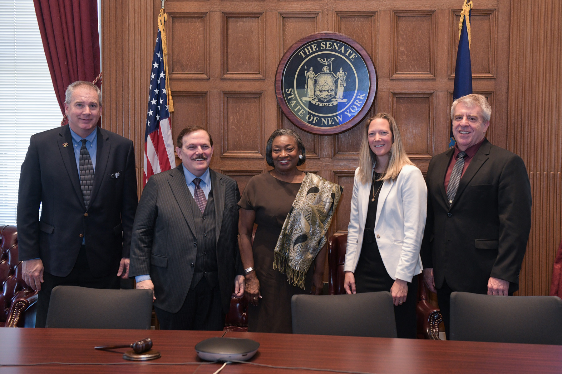 New York Senate Majority leader Andrea Stewart-Cousins (centre) met representatives of Lake Placid University Games organisers and leaders of local commerce at the New York State Assembly in Albany ©Adirondack Sports Council