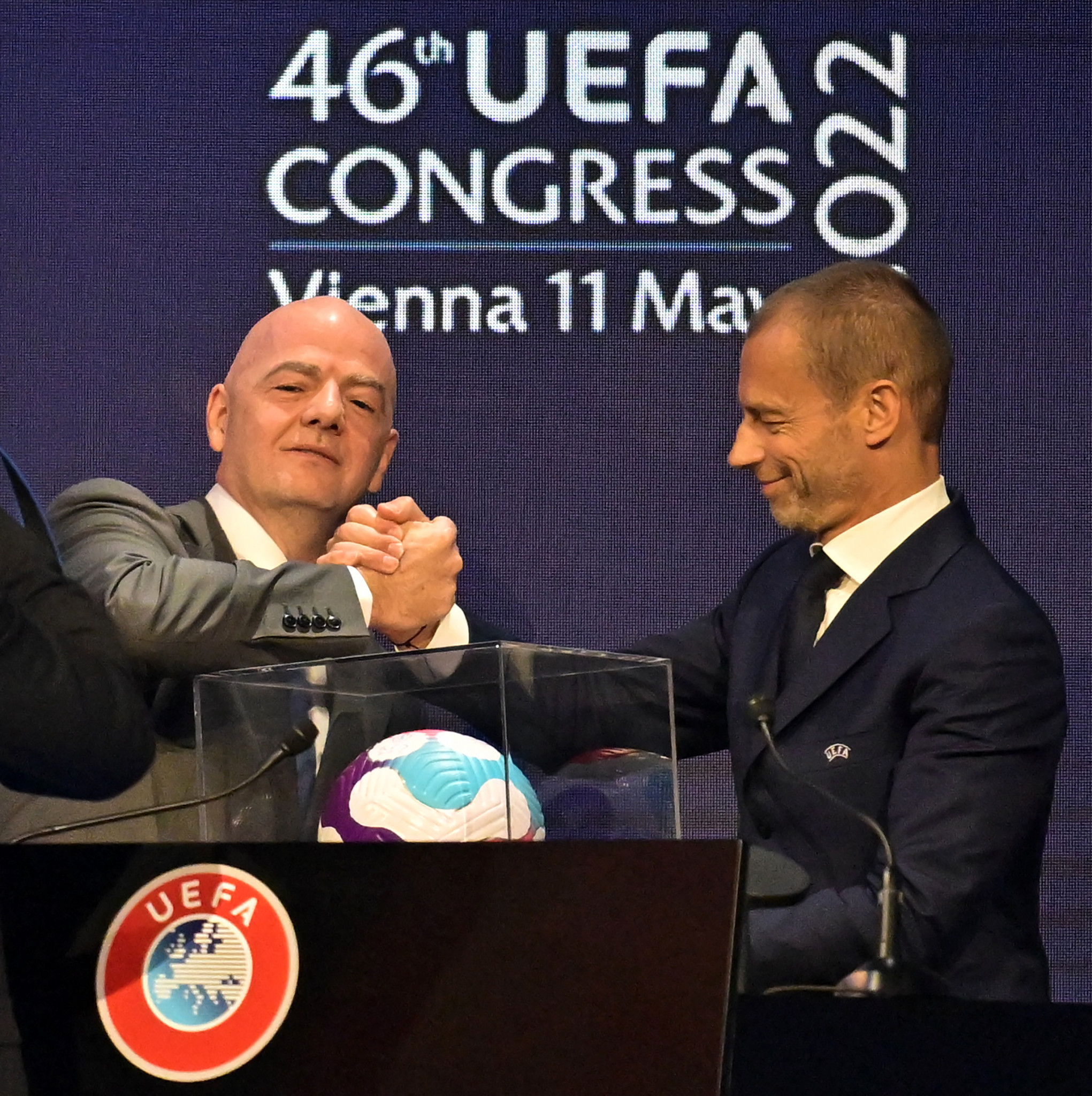 UEFA President Aleksander Čeferin, right, had held contrasting views to his FIFA counterpart Gianni Infantino, left, on proposals for a biennial World Cup ©Getty Images