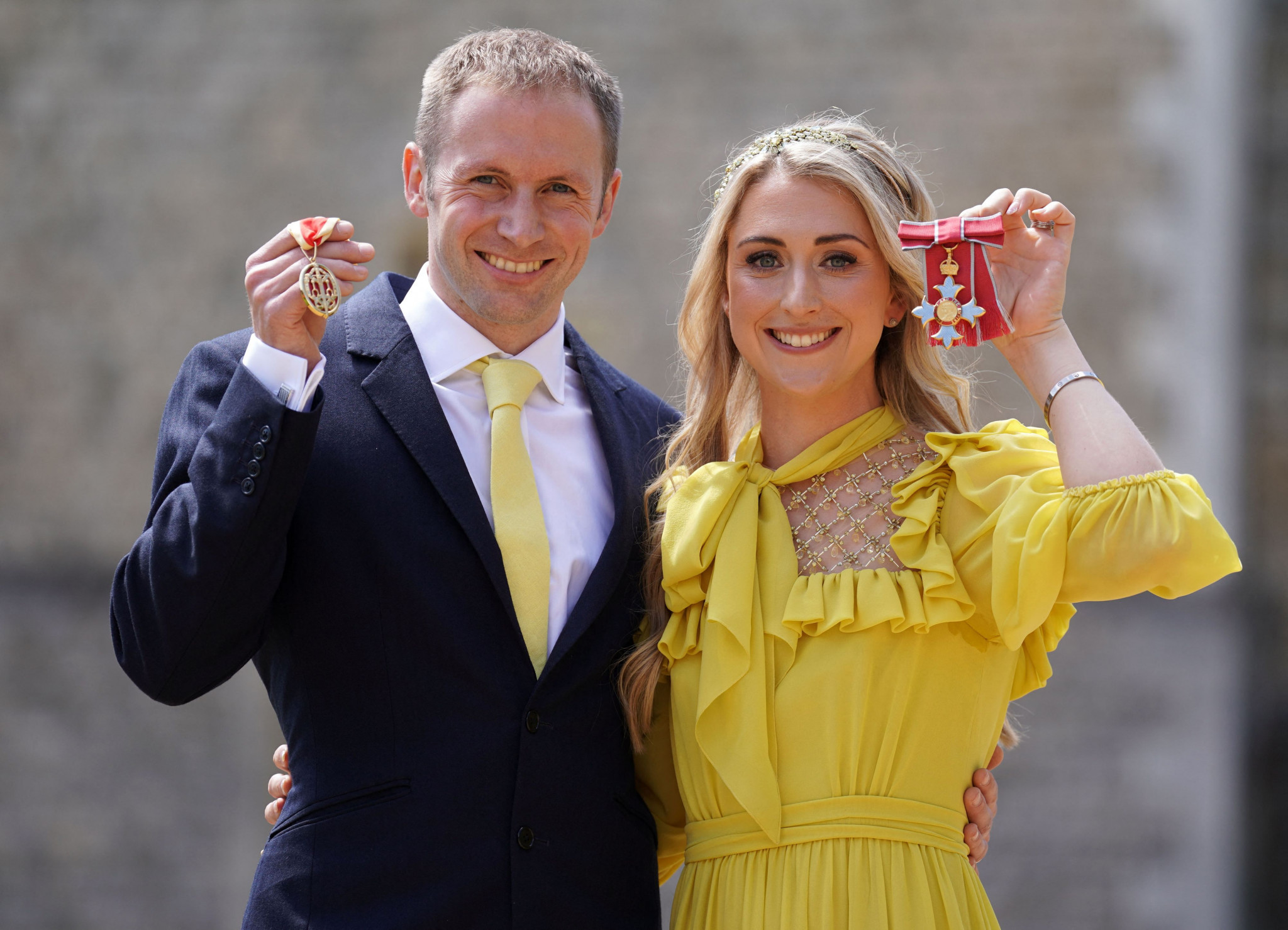 Sir Jason Kenny and wife Laura received honours for services to cycling at Windsor Palace on Tuesday ©Getty Images