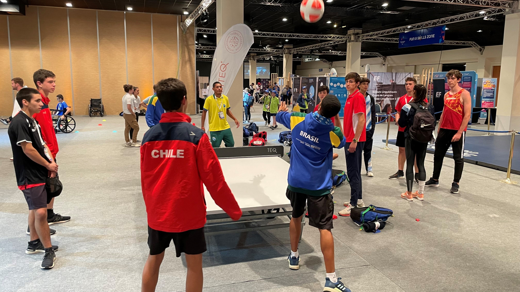 Athletes at the ISF Gymnasiade were given the opportunity to play teqball at the Fun and Skills Zone ©FITEQ