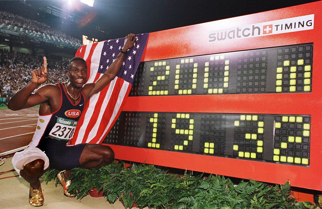 Michael Johnson, pictured after winning the 1996 Olympic 200m title in a world record, nevertheless believes it is rivalries and personalities that will ultimately sell athletics best ©Getty Images