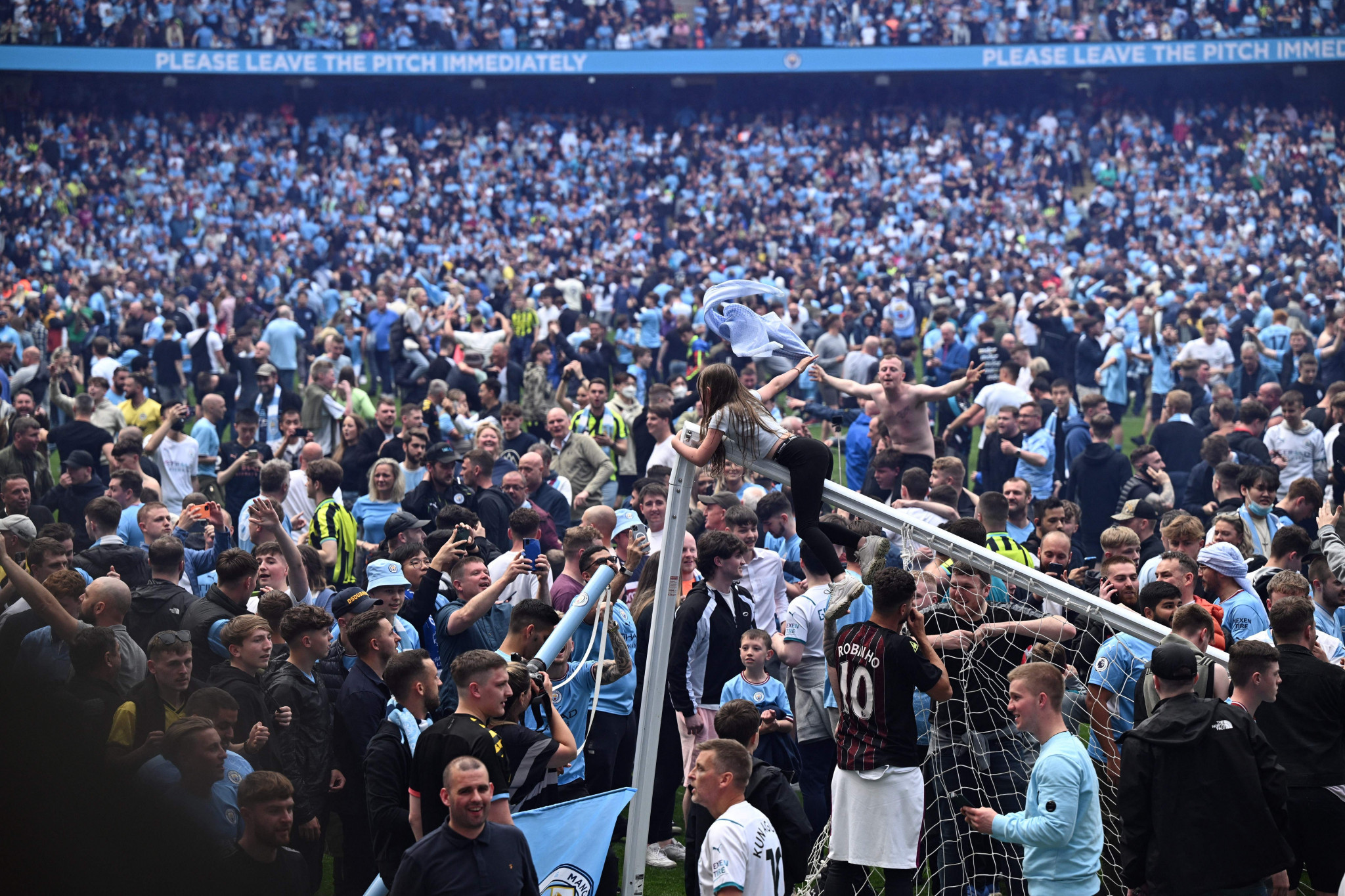 Manchester City fans celebrated winning the Premier League by destroying a goal in their own stadium ©Getty Images