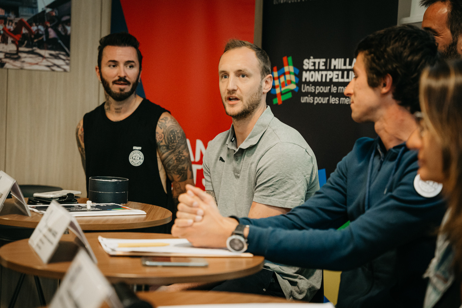 Handball player Valentin Porte, centre, insists Montpellier's high-quality facilities can propel the French team to gold at Paris 2024 if they are able to train there ©Hurricane - FISE