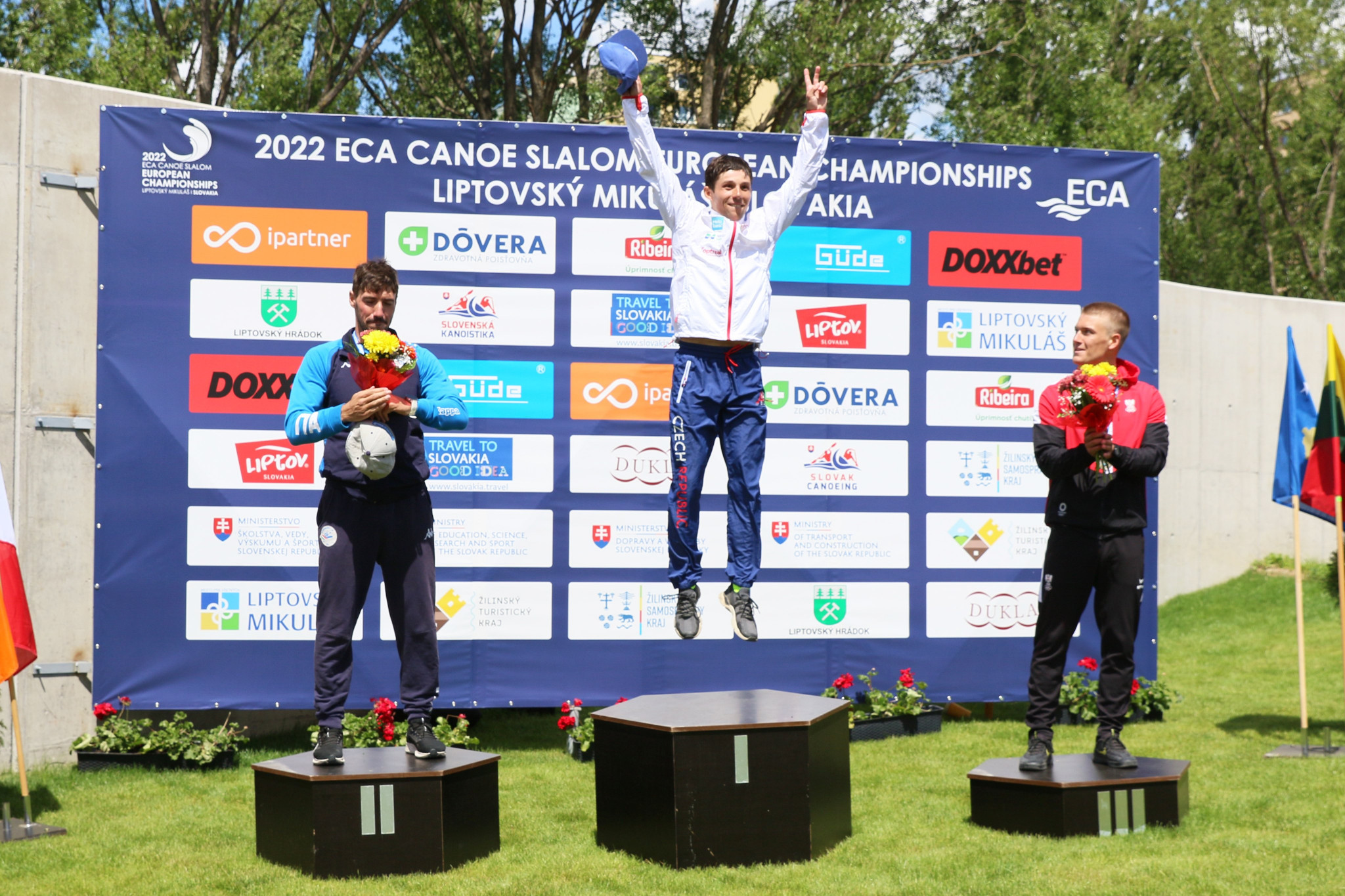 Jiří Prskavec of Czech Republic, centre, added to his Olympic gold medal with a fifth men's K1 victory at the ECA Canoe Slalom European Championships ©ECA