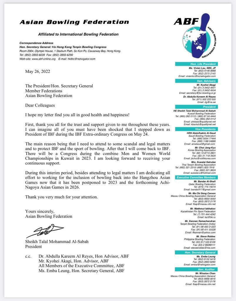 Sheikh Talal has sent a letter to the IBF's National Federations revealing plans to return as the sport's President ©ITG