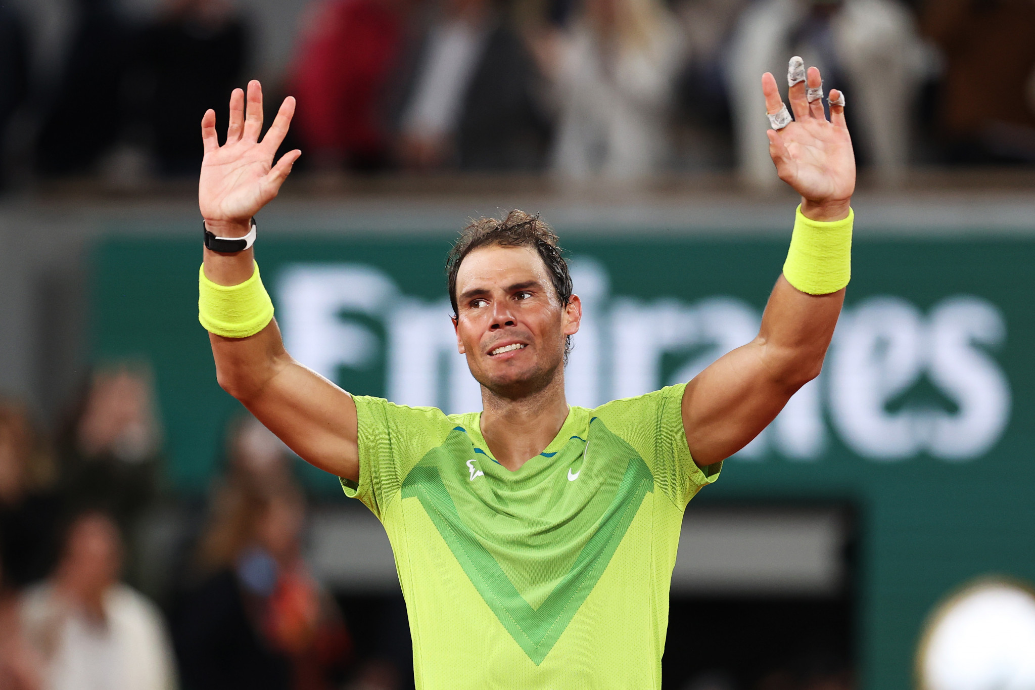 Rafael Nadal celebrates his four-set victory over Novak Djokovic at Roland Garros, which ended at 1.15am local time ©Getty Images