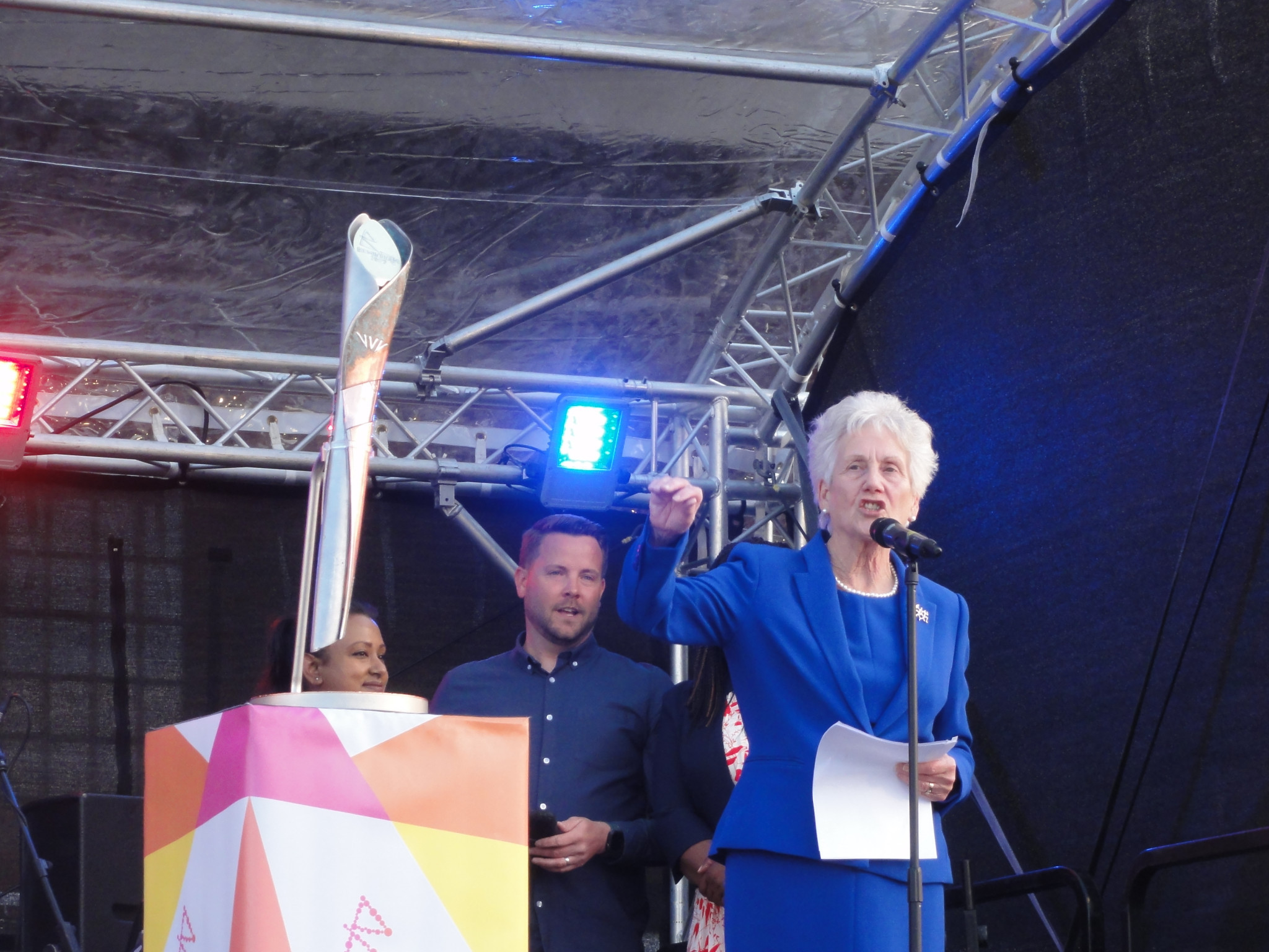 Commonwealth Games Federation President Louise Martin visited Battersea Power Station to welcome the Queen's Baton back to London ©ITG