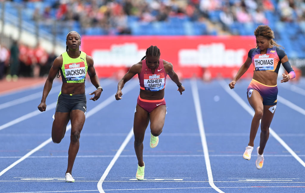 Britain's world 200m champion Dina Asher-Smith, pictured winning over 100m at the Birmingham Diamond League meeting, will meet Olympic 200m champion Elaine Thompson-Herah over the longer distance in Rome ©Getty Images