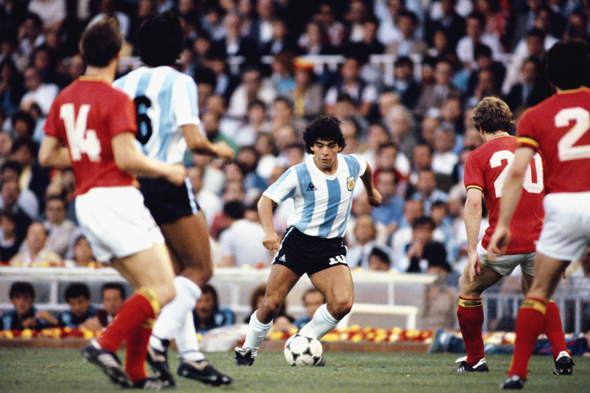 Argentina's Diego Maradona often found himself outnumbered during the 1982 World Cup ©Getty Images