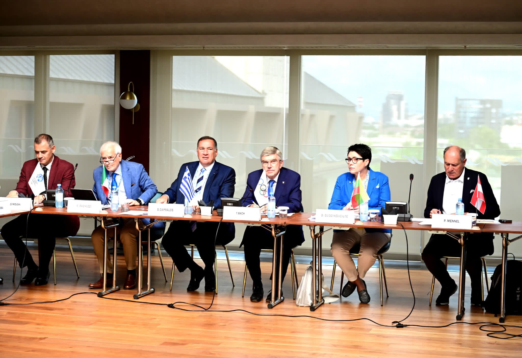 EOC President Spyros Capralos, third left, and his IOC counterpart Thomas Bach, third right, are among the speakers at tomorrow's General Assembly in Skopje ©EOC