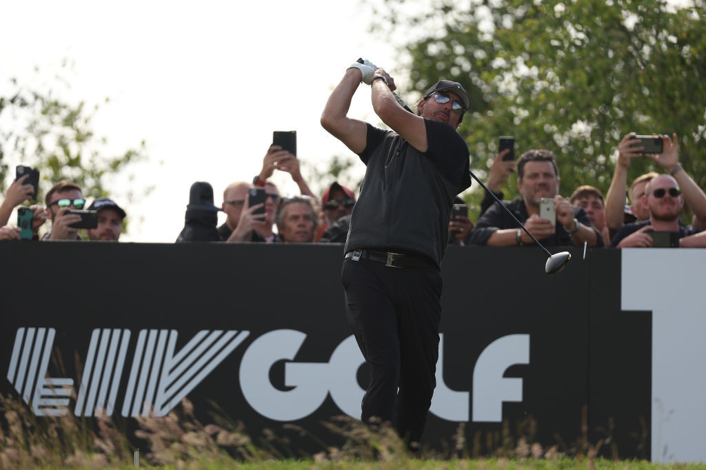 Phil Mickelson tees off during the inaugural LIV Golf Invitational Series event in Hertfordshire that concluded its 54 holes yesterday ©Getty Images 