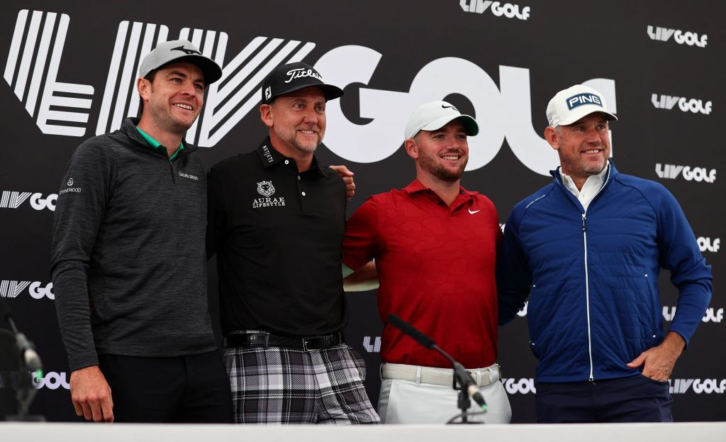 English players Ian Poulter, second left, and Lee Westwood, far right, faced awkward and direct questions from the media before taking part in the first LIV Golf Invitational Series event which began last Thursday ©Getty Images