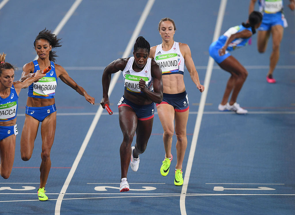 Onuora sets off in the heats of the women's 4x400m relay at the Rio 2016 Olympics, where she was part of the British team that earned bronze ©Getty Images