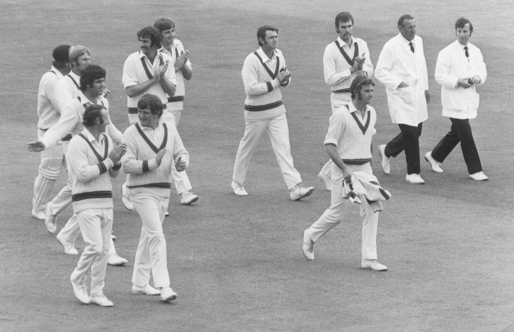 Bob Massie, right front, leads the Australian team in after taking 16 wickets for 137 in his Test match debut 50 years ago this week ©Getty Images