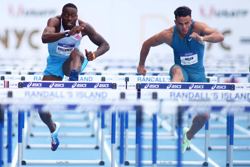 Devon Allen, pictured right on the way to a seismic win over fellow American and world 110m hurdles champion Grant Holloway, will race in Paris tomorrow in what is his final season before joining the NFL ©Getty Images