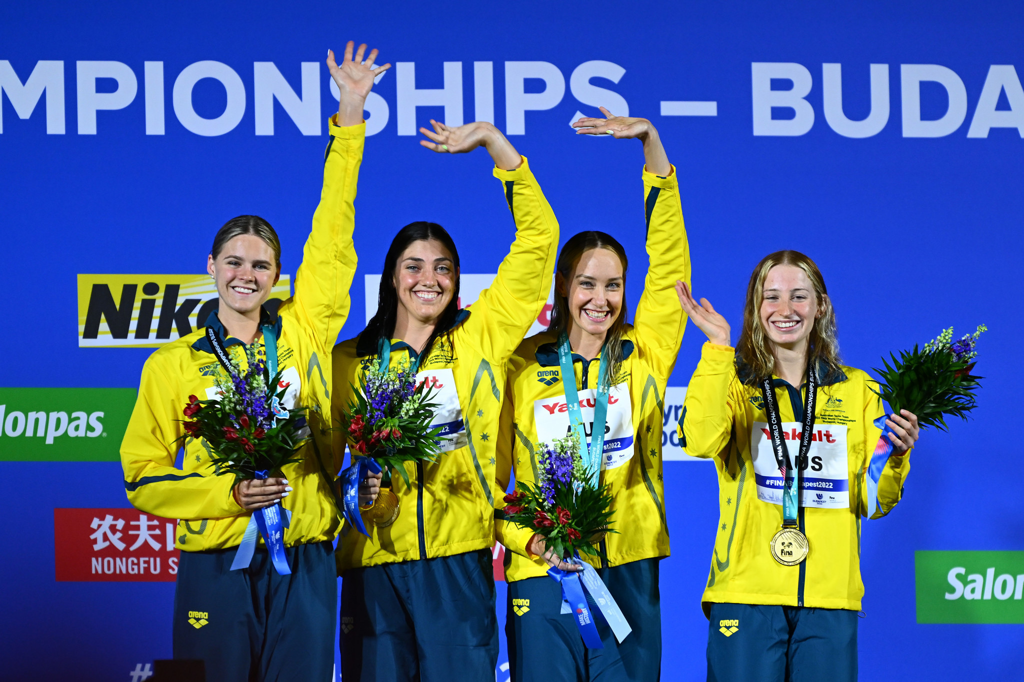 Australia claimed women's 4x100m freestyle relay gold courtesy of Shayna Jack, furthest left, Meg Harris, second left, Madison Wilson, second right, and Mollie O'Callaghan, furthest right ©Getty Images