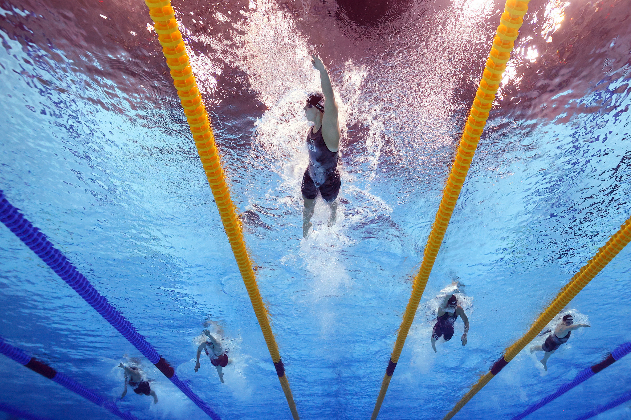 Katie Ledecky of the US, centre, won the women's 800m freestyle final by more than 10 seconds ©Getty Images