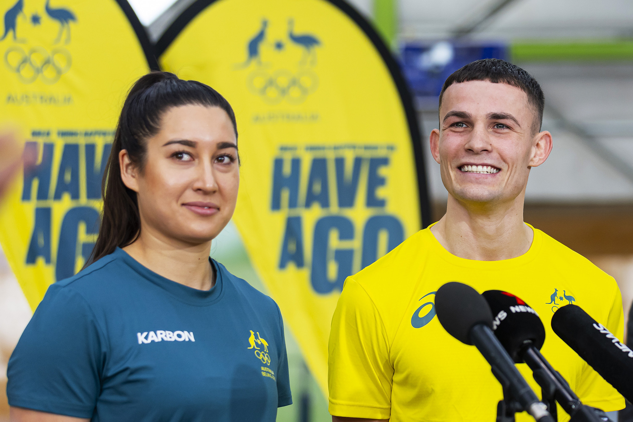 Olympic boxing bronze medallist Harry Garside, right, and snowboarder Belle Brockhoff, left, helped launch the AOC's Have a Go Month ©Getty Images
