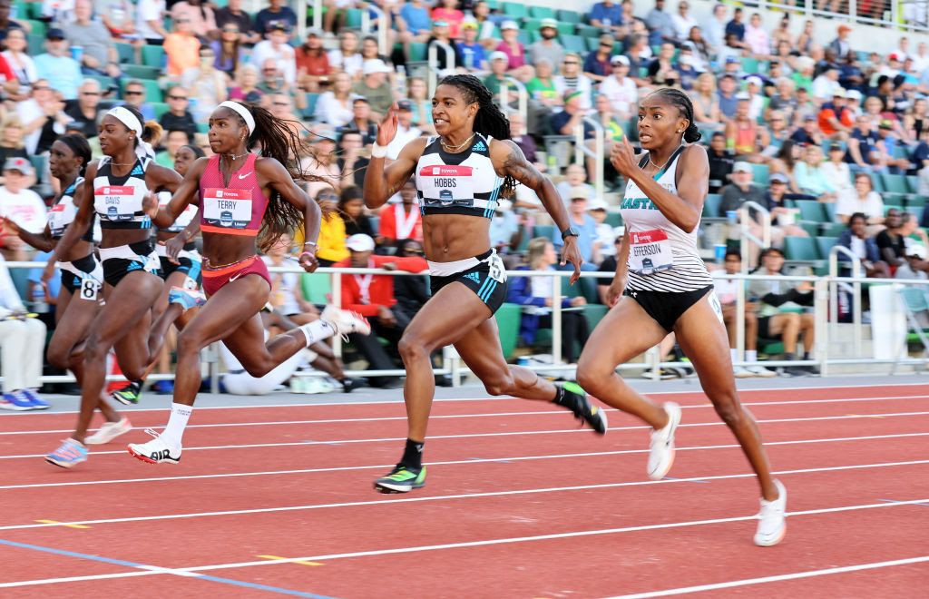 Melissa Jefferson, right, earned a surprise women's 100m win at the US trials in Eugene, in a wind-assisted time of 10.69sec ©Getty Images