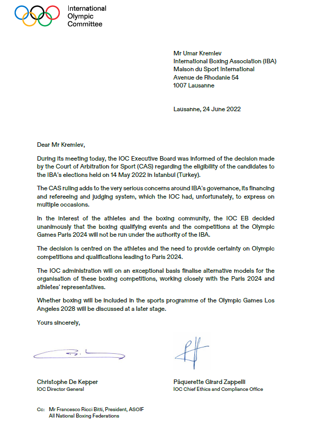 The IOC wrote to Umar Kremlev and all National Federations to inform them of the decision to organise Paris 2024 boxing events outside of he IBA orbit ©ITG